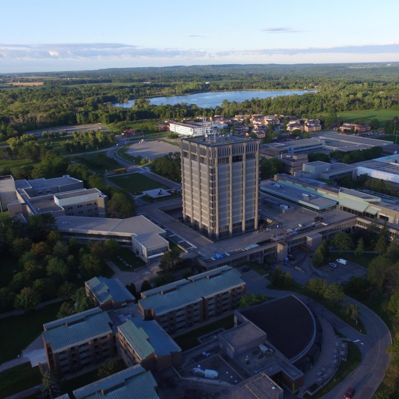 Aerial photo of the main Brock University campus in St. Catharines