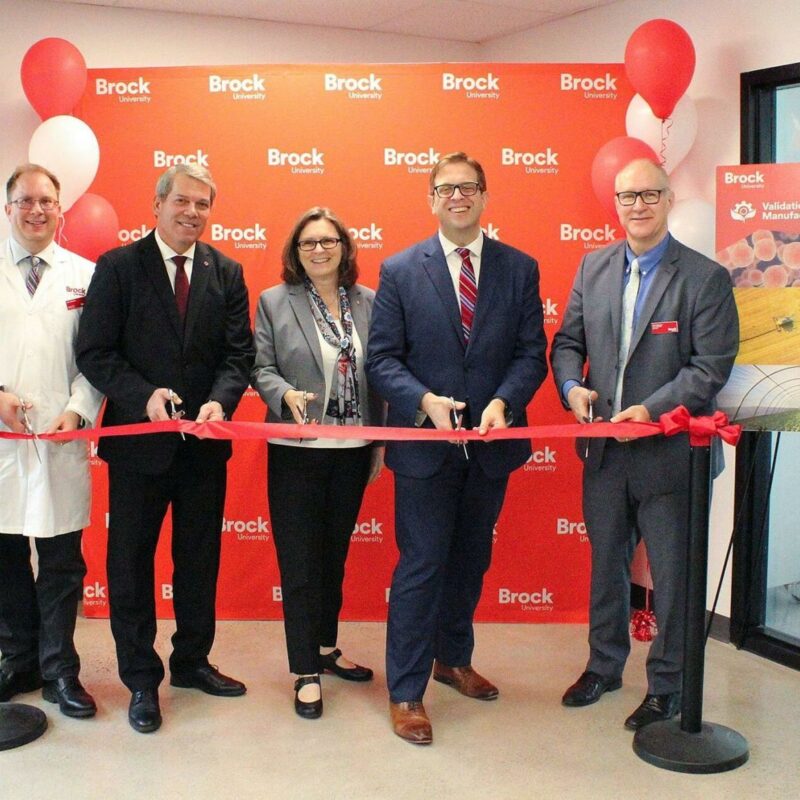 ribbon cutting at the grand opening celebration for the Brock-Niagara Validation, Prototyping and Manufacturing Institute (VPMI) are (from left) Paul Zelisko, director of the VPMI; Vance Badawey, Niagara Centre MP; Lesley Rigg, president and vice-chancellor of Brock; Chris Bittle, St. Catharines MP; and Tim Kenyon, vice-president, research at Brock.