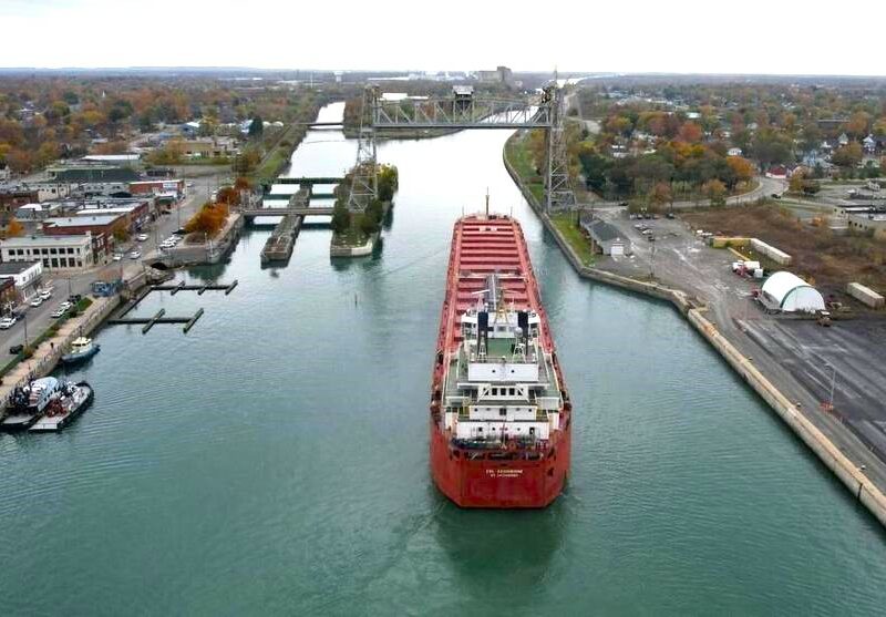 The CSL Assiniboine heads down the Welland Canal toward the Clarence Street Bridge in Port Colborne.
