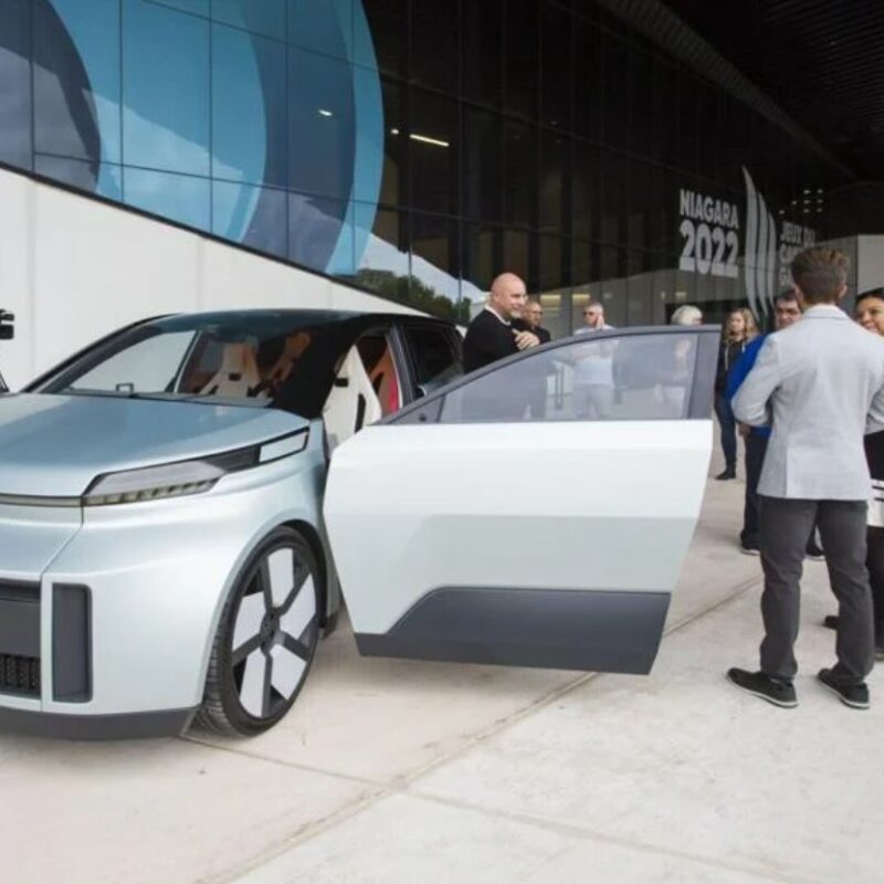 The Canadian-made EV car from Project Arrow is displayed at Canada Games Park in Thorold.