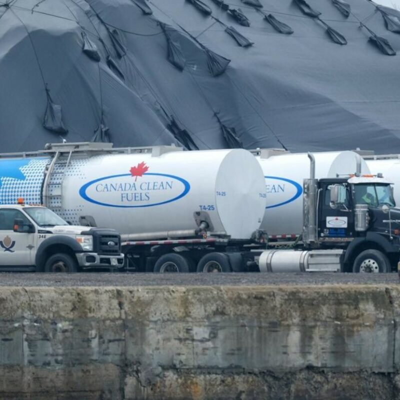 Canada Clean Fuels transport trucks at Port Colborne Marine Terminal on the east side of the Welland Canal waiting to fuel a vessel in May.